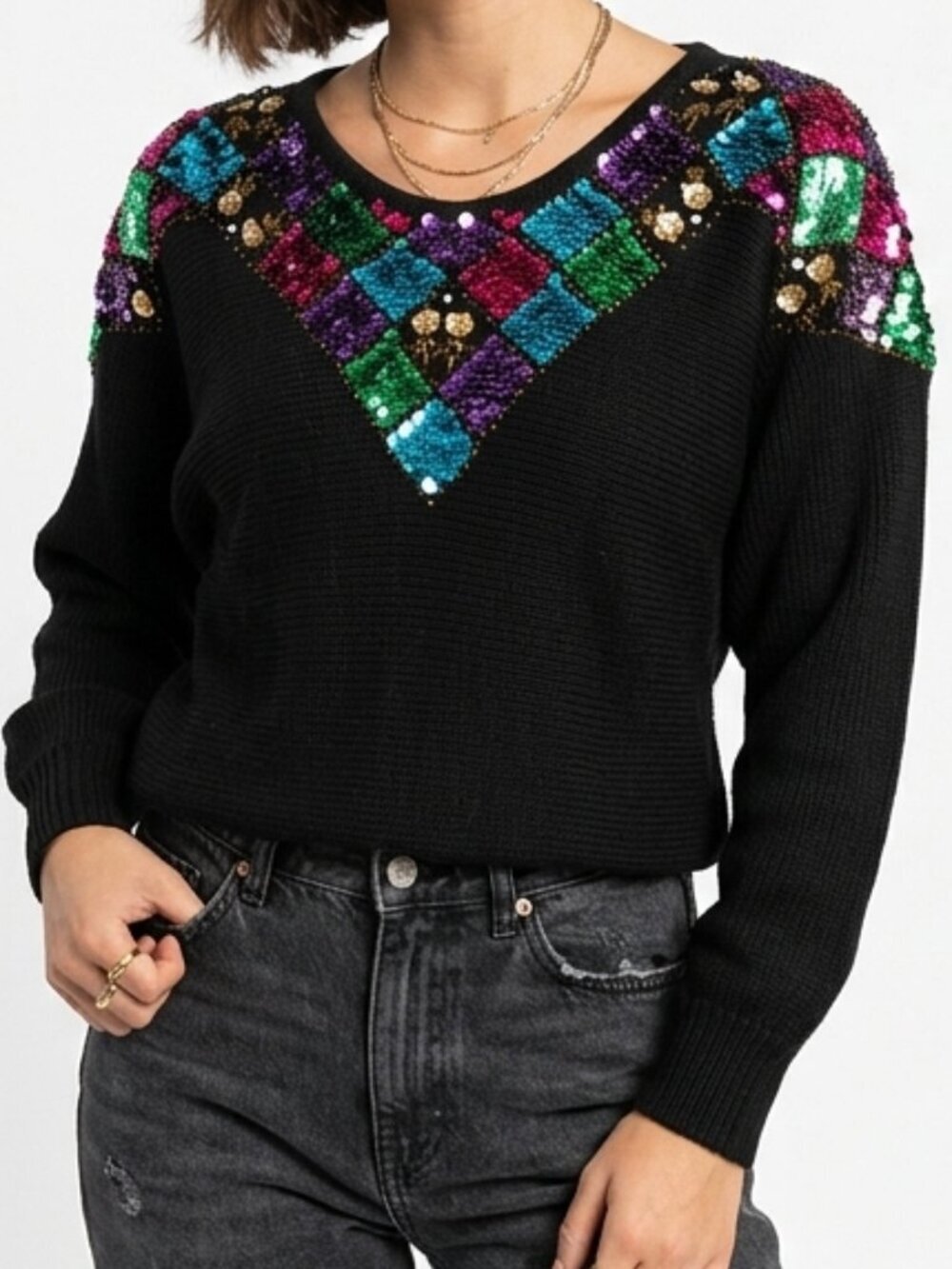 Vintage 80s DIVERSITY Multi Sequin Geometric Black Cotton Sweater MP